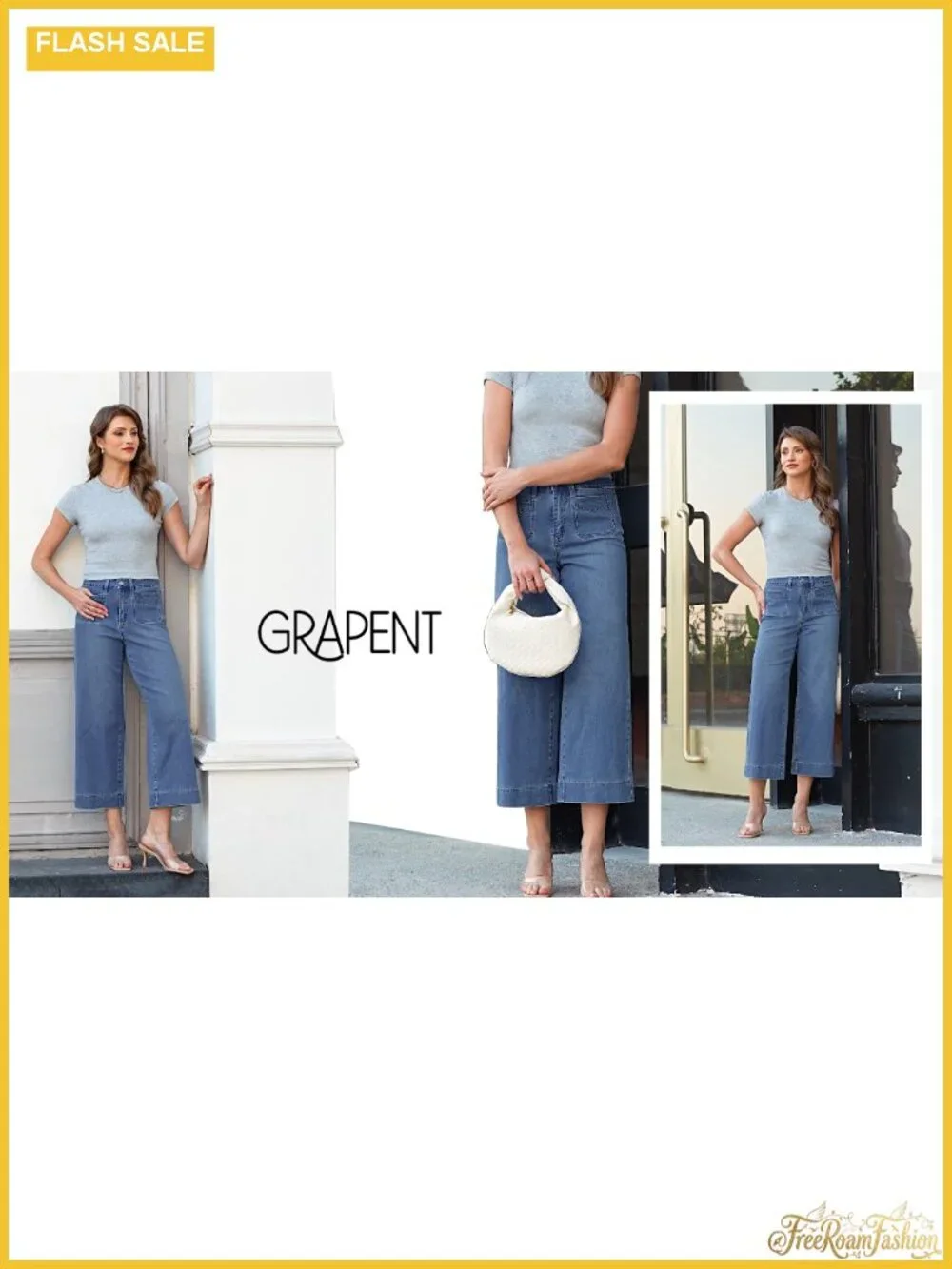 Wide Leg High Waisted Cropped Stretch Denim Pants Women's 27
